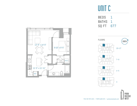 Floor plan for 1 bed, 1 bath, 677 sqft